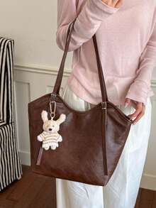 Metal Buckle Detail Decor Large Capacity Storage Zipper Closure Relaxed Minimalist Style Shoulder Tote Bag Daily Commute School Travel Vibe Shoulder Big Bag - Brown - View 6