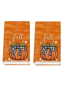 2Pcs Orange Wood Grain Fall Kitchen Towel Set, Buffalo Check Bow Pumpkin Heart Farmhouse Fall Thanksgiving Dish Hand Towels - Orange - View 6