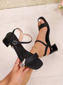 Women's Basic Single Strap Square Toe Buckle Sandals, Comfortable Chunky Heel, Suitable For Office And Party Occasions - Black - View 2