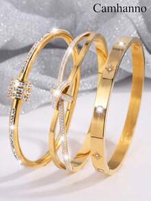 1/3Pcs 18K Gold Plated Stainless Steel Bangle Set, Knot Design Rhinestone Stackable Bracelets, Daily Wear Holiday Gift For Women - Gold - View 1