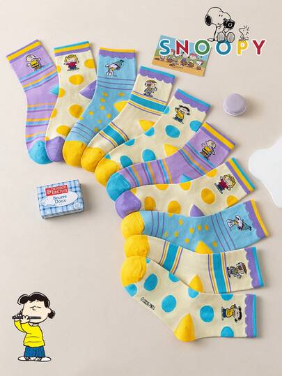 1/5/10 Pairs Snoopy Women's Mid-Calf Socks, Contrast Color Striped & Polka Dot Creative Design, Suitable For Daily Wear And Christmas Gift Socks