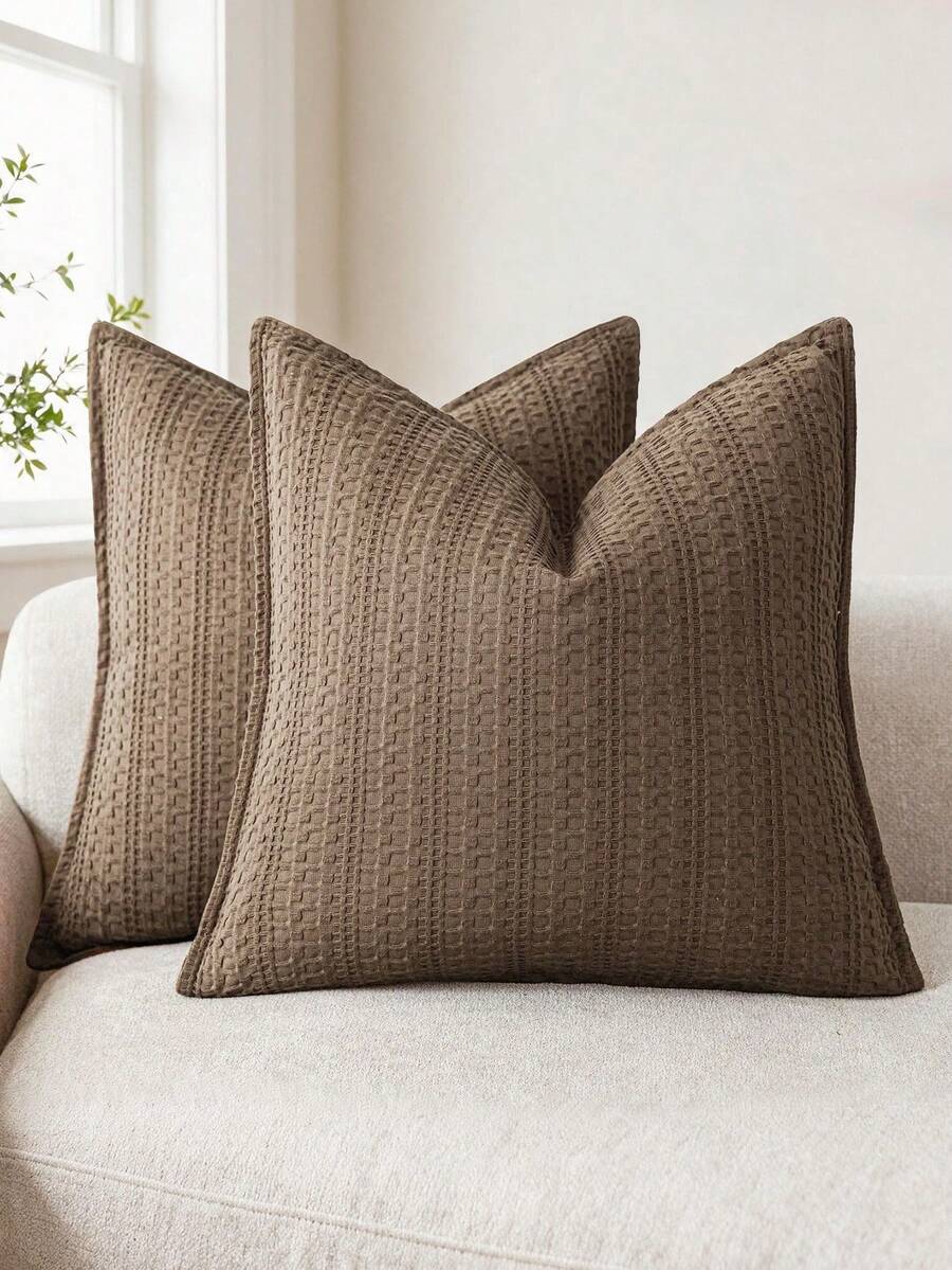 1pc Brown (Without Pillow Insert) Double-Sided Waffle Texture Throw Pillow Cover, Modern Elegant European Style Cushion Cover, Suitable For Home, Sofa, Bed, Living Room Decor, All Season - Brown - View 1