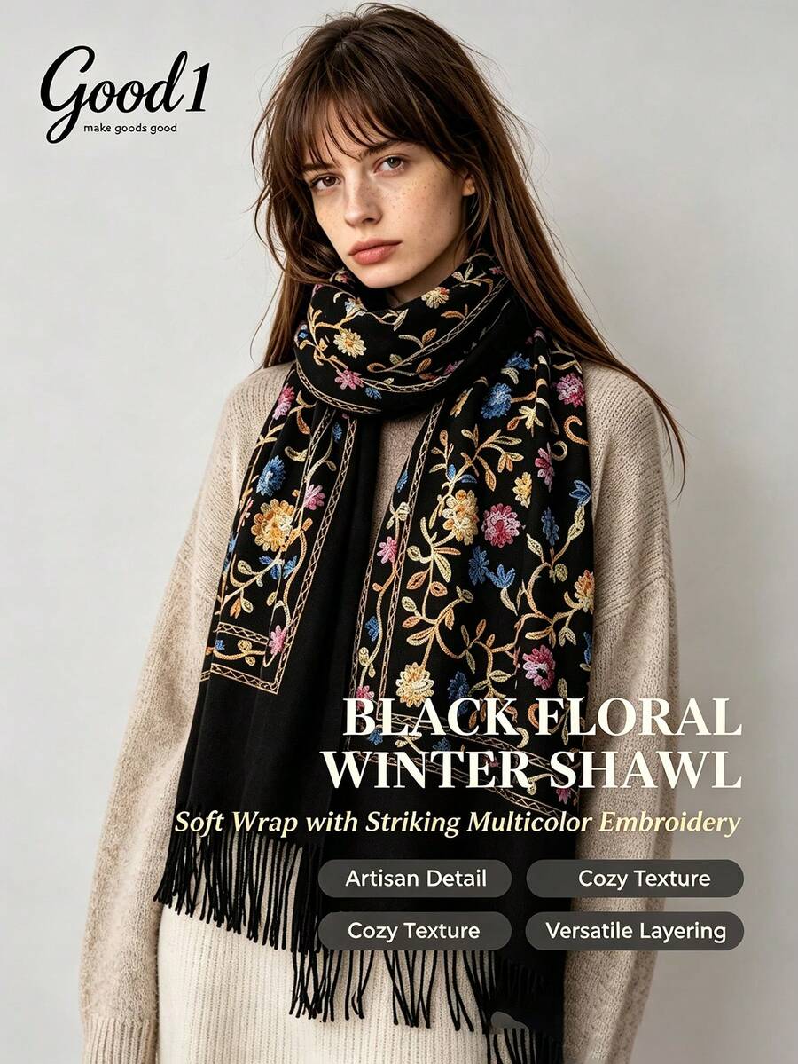 1pc Vintage Floral Embroidered Scarf With Colorful Line Pattern, Thick Warm Oversized Shawl, Premium Gift For Mom And Elders - Black - View 1