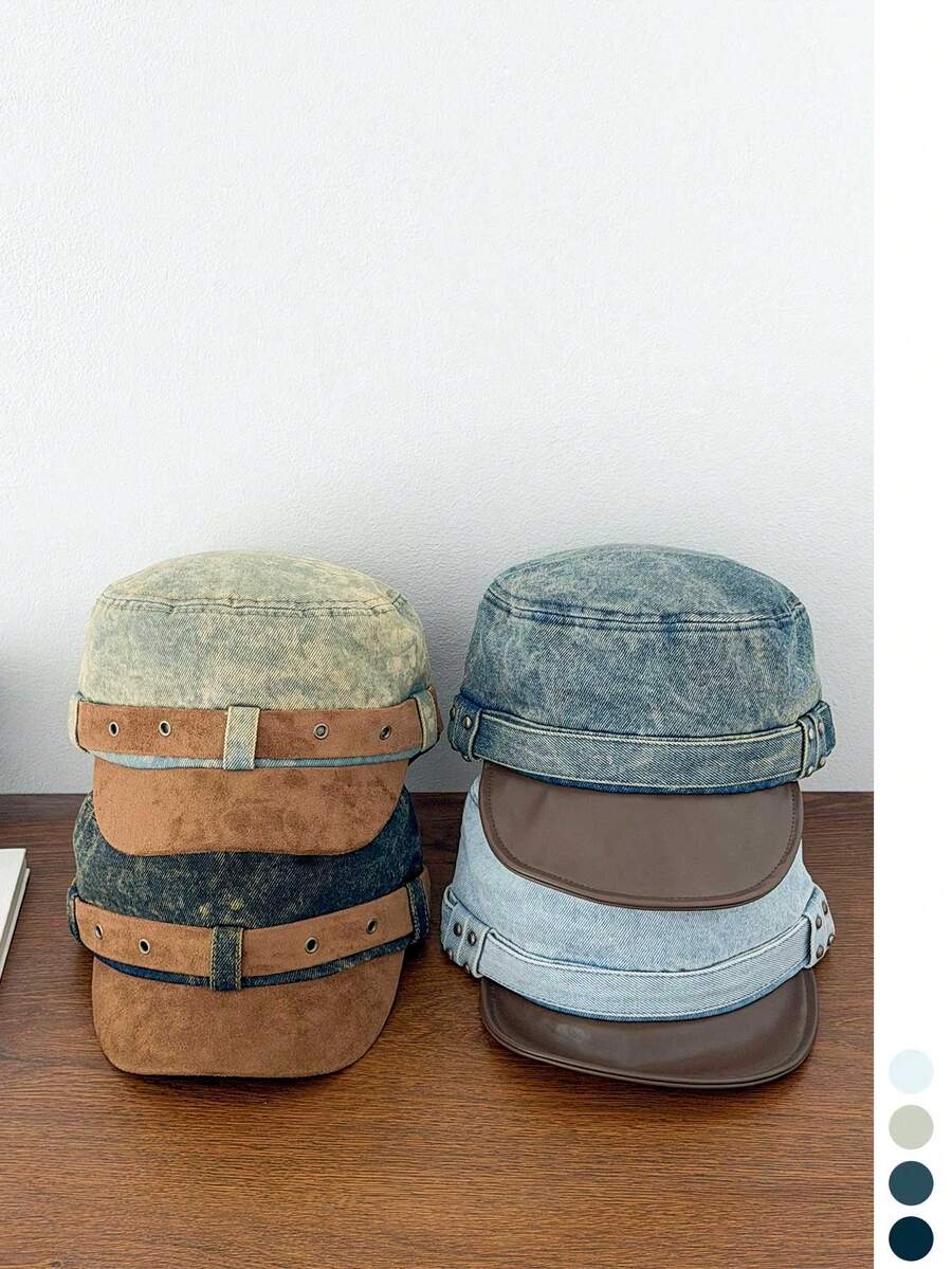Spliced Washed Distressed Denim Rivet Equestrian Cap, Women Vintage Street Face-Flattering Casual Hat