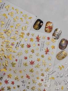 1片 5D紅金箔楓葉秋季植物孤寂古典詩意美甲貼紙裝飾貼花 - 彩色 - 查看 3