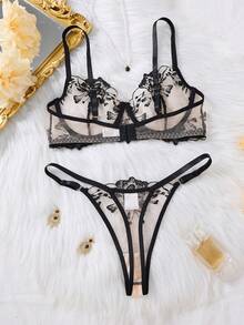 Elegant Black Sheer Floral Embroidery Lingerie Set,Underwire See-Through Bra With Adjustable Straps,Matching Mesh Panties - Black - View 2