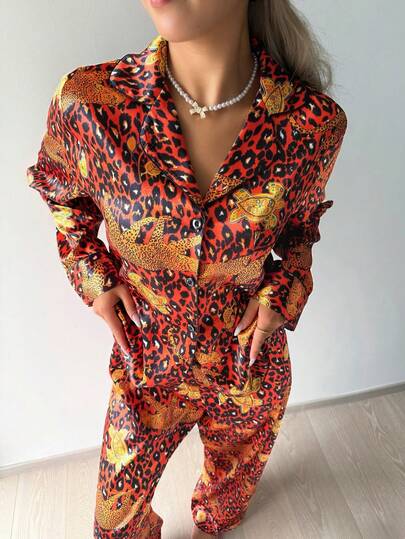 Conjunto de 2 piezas de ropa de dormir de satén brillante para mujer, camisa de manga larga con solapa y estampado retro de leopardo & pantalones de pierna recta, ropa de estar en casa, Halloween, Navidad