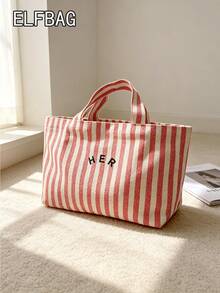 Casual Minimalist Letter Canvas Tote Bag, Striped Solid Color Handbag, High Cost-Effective Fashion Versatile Tote Bag Suitable For Moms, Students, Office Workers - Red - View 11