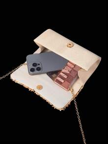Fashion Sequin Patchwork Evening Clutch Bag, Envelope Handbag, Tote Bag, Paired With Rhinestone Jewelry 3 Pieces Set, Necklace, Earrings, Bracelet, Suitable For Parties, Evening Events, Social Gatherings, Balls And Weddings - Gold - View 4