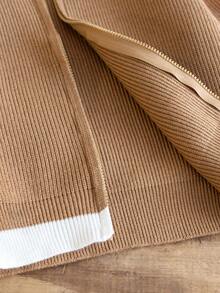 Boys' Stand Collar Full Zip Long Sleeve Knit Cardigan, All-Match Ribbed Texture, Minimalist Casual Versatile Knit Jacket, Suitable For School Daily Wear, Autumn/Winter - Khaki - View 4