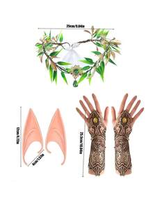 Women Elf Cosplay Accessories Set, Leaf Gem Headband, Pointed Elf Ears & Vintage Lace Gloves, For Halloween Renaissance Party Dress‑Up - Multicolor - View 4