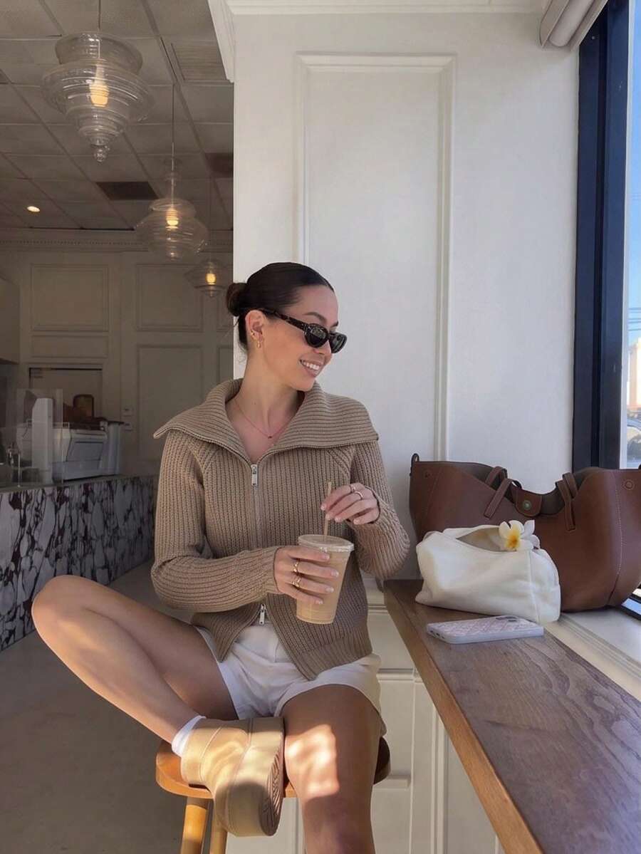 2026 Women's Designer Ribbed Knit Cardigan, Mocha Brown Full Zip Statement Collar Sweater, Relaxed Long Sleeve Chic Fall Winter Top - Khaki - View 1