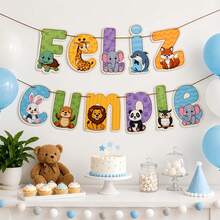 1 Set Spanish Birthday Banner, Cartoon Zoo Animal Letter Paper Hanging Bunting, Spanish Language Small Animal Theme Birthday Party Wall Hanging Decoration - Color - View 4