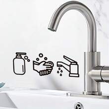 Minimalist Cartoon Hand Washing Faucet & Soap Dispenser Small Pattern Wall Stickers, Decorative Self-Adhesive Removable PVC Wall Decals For Living Room, Dining Room, Bedroom, Bathroom - Black - View 1