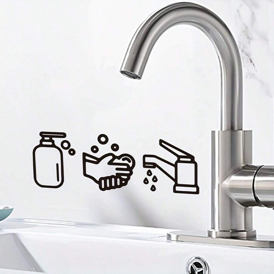 Minimalist Cartoon Hand Washing Faucet & Soap Dispenser Small Pattern Wall Stickers, Decorative Self-Adhesive Removable PVC Wall Decals For Living Room, Dining Room, Bedroom, Bathroom - Black - View 1