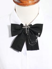 1PC Black/Red/Green/Khaki Bow Tie With Rhinestone Cross & Heart Chain Decor Adjustable Shirt Collar Accessory - Multicolor - View 2