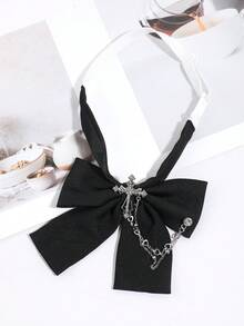 1PC Black/Red/Green/Khaki Bow Tie With Rhinestone Cross & Heart Chain Decor Adjustable Shirt Collar Accessory - Multicolor - View 13