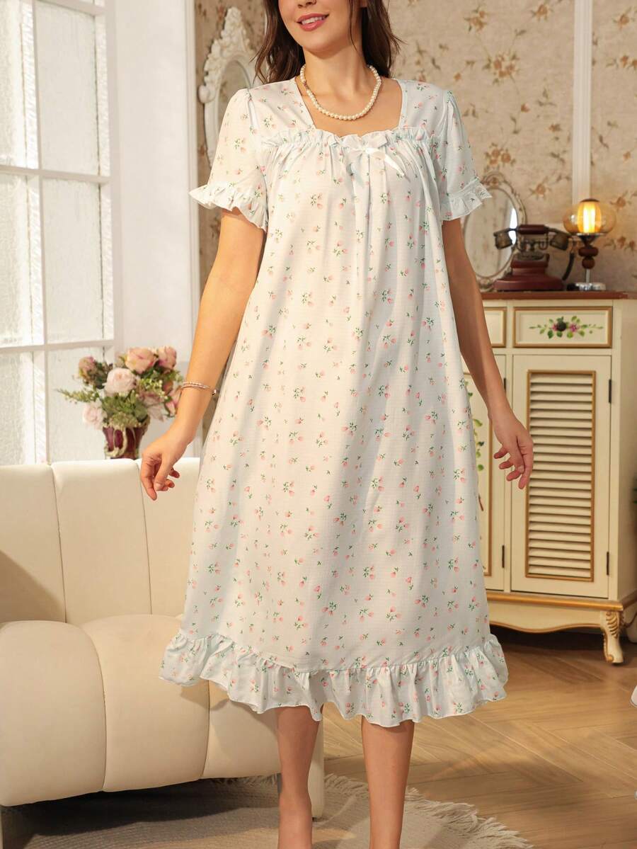 RS Pajama1 Floral Print Bubble Crepe Ruffle Short Sleeve Nightgown With Bow Decor, Square Neck - Baby Blue - View 1