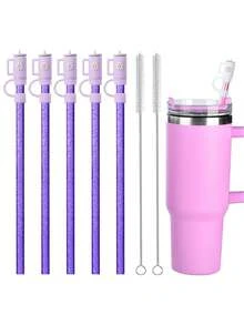 12支替換吸管、5個附刷子吸管蓋，適用於40oz、30oz、20oz、14oz保溫杯，適合旅行與冒險，可重複使用亮片吸管附刷子，透明粉、黑、紫、藍、橘，相容杯子配件 - 彩色 - 查看 13