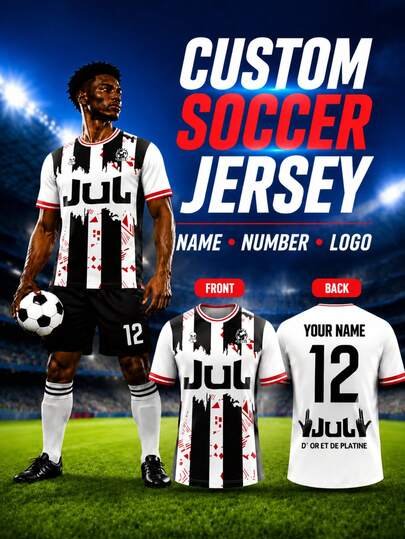 1pc Custom JUL-Themed Football Jersey Personalized Name Number&Logo Black White&Red Graffiti Style Football Shirt For Men Sports/Casual Summer