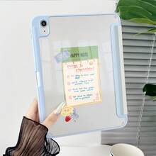 1pc Blue & Beige Vertical Striped Happy Note Sticker Collage Print Tablet Protective Case, With Pen Slot, Multi-Angle Magnetic Stand, Supports Auto Sleep/Wake, Compatible With IPad Pro/Air, Pad 5/6/7, MatePad - Multicolor - View 6