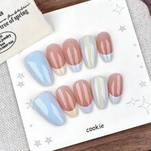 10pcs Yellow & Blue Striped Press-On Nails, Oval Fake Nails, Macaron Dual-Color Design, Soft Yellow & Blue Striped French Pattern, Creating A Fresh & Lively Spring Vibe - Multicolor - View 4