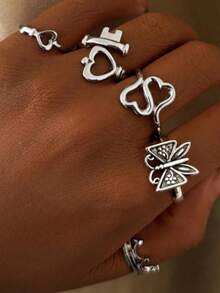 Set Cincin Gaya Punk 5 Buah, Cincin Tumpuk Bentuk Hati, Kupu-kupu, dan Mahkota yang Unik dan Modis, Perhiasan untuk Wanita, Hadiah Aksesori Bergaya - Perak - View 2
