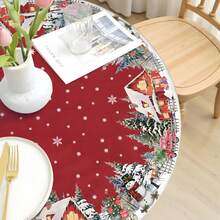 Christmas Red Round Fitted Tablecloth With Elastic Christmas Tree Snowflake Design Washable Winter Tablecloth For Kitchen Dining Party Picnic - Multicolor - View 2