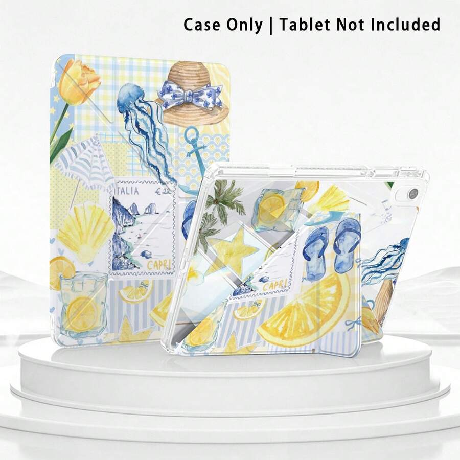 Straw Hat, Flip-Flops, Star UV Printed Flat Pattern, Full Coverage Shockproof & Anti-Drop, Y-Fold Tablet Protective Case, Acrylic Back Panel With Pen Slot, Compatible With Huawei/Honor/ And Xiaoxin And Other Models - Multicolor - View 1