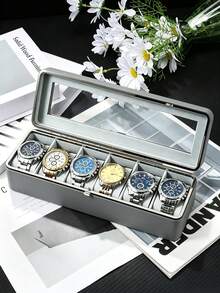 Watch Box Silver Frame6-Slot Watch CaseWith Large Glass Lid RemovableWatch Pillows Watch BoxOrganizer Gift For Loved OnesSynthetic Leather Gray Lining Jewelry Box Organizer Watch Box Watch Case Watch Organizer Jewelry Organizer - Multicolor - View 12