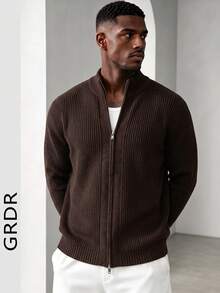 GRDR Men's Casual Long Sleeve Zip-Up Cardigan Sweater, Versatile Everyday Knitwear - Brown - View 2