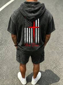 [Simple]Men's Retro Distressed Hooded Short-Sleeve T-Shirt And Cargo Shorts Set, Machine Washable Fabric, Printed Set, Comfortable Summer Streetwear. - Black - View 2