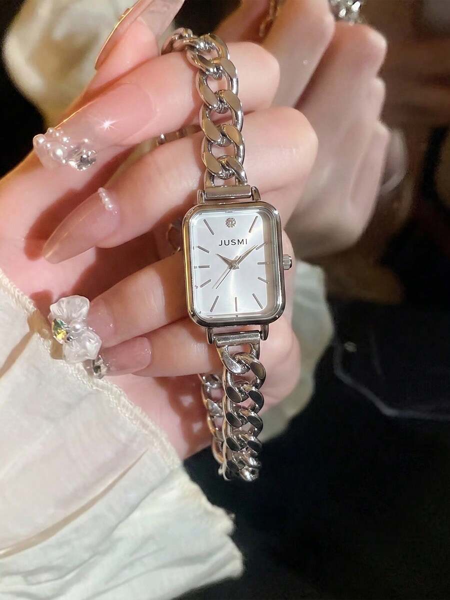 XSVO Women's Silver Rectangular Quartz Watch With Cuban Chain Bracelet Strap, Christmas Birthday Gift For Her - Silver - View 1