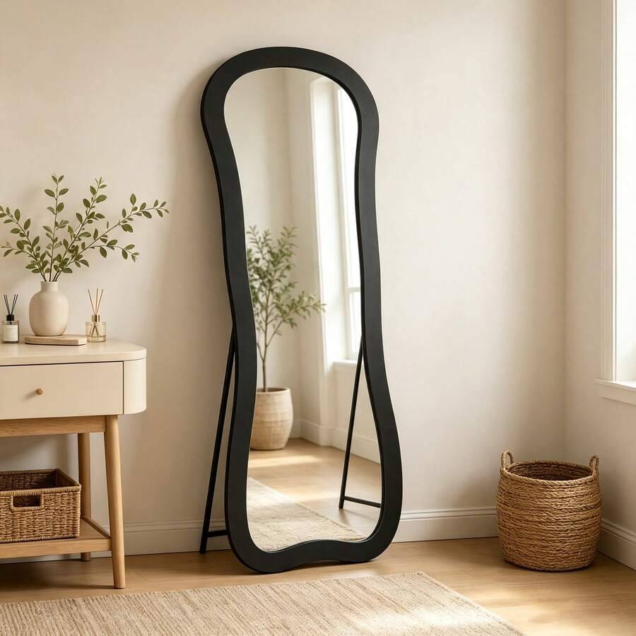 Irregular Wavy Body Mirror 160x60cm, Slim Space-Saving Floor Mirror With Stand, Wall Mounted Large Vanity Mirror With Black Frame For Entryway And Dressing Area - 60*160cm - View 1