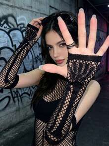 Halloween New Dark Distressed Hollow Out Sleeve Punk Gothic Mesh Long Fingerless Arm Warmers Accessory - View 6