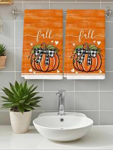 2Pcs Orange Wood Grain Fall Kitchen Towel Set, Buffalo Check Bow Pumpkin Heart Farmhouse Fall Thanksgiving Dish Hand Towels - Orange - View 3