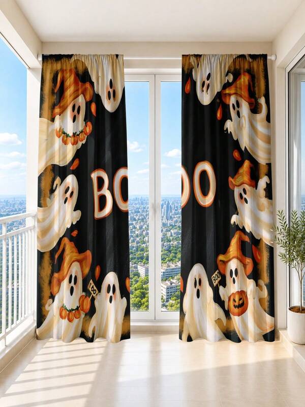 2 piezas Cortinas con estampado de calabaza de Halloween, murciélago, fantasma, espíritu, gato negro y esqueleto, cortinas decorativas minimalistas y de moda, cortinas de poliéster ligeras y semitransparentes para privacidad, adecuadas para decoración de Halloween en dormitorio, sala de estar, oficina, estudio, decoración del hogar, habitación