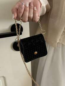 Mini Crocodile Embossed Solid Color Chain Crossbody Bag - Black - View 9