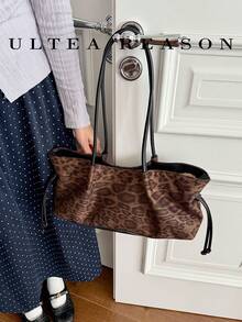 1pc Leopard Print Suede Shoulder Bag, Women's Vintage Casual Handbag, Magnetic Closure, Fashionable & Versatile, Suitable For Daily, Commute, Leisure, Work - Coffee - View 4