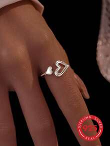 1pc 925 Sterling Silver Minimalist Fashion High-End Polished Hollow Heart Asymmetric Design Open Ring For Women, Suitable For Daily Commute, Date Outfit, Holiday Gift, Valentine's Day Gift - Silver - View 13