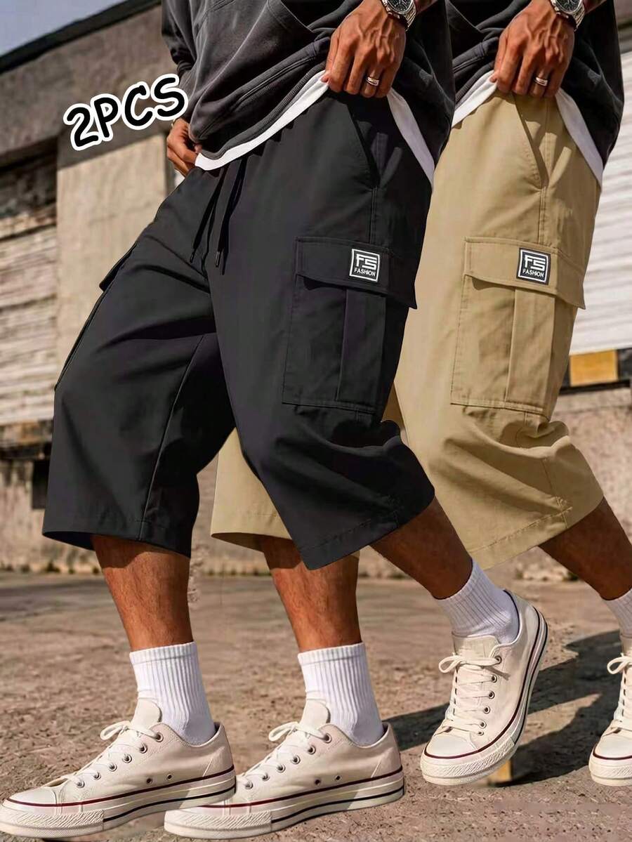 2件組男士休閒工裝短褲,實用口袋設計,適合日常穿著與夏季運動 - 彩色 - 查看 1