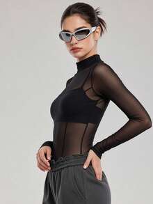 KyrLssu Women Fashion Sheer Mesh Mock Neck Long Sleeve Top, Figure‑Hugging See‑Through Layering Shirt, Multi‑Styling Stand Collar Top - Black - View 6