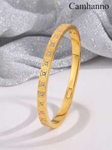 1/3Pcs 18K Gold Plated Stainless Steel Bangle Set, Square Bezel Zirconia Stackable Bracelets, Daily Wear Holiday Gift For Women - Gold - View 6
