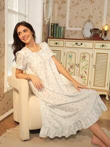 RS Pajama1 Floral Print Bubble Crepe Ruffle Short Sleeve Nightgown With Bow Decor, Square Neck - Baby Blue - View 3