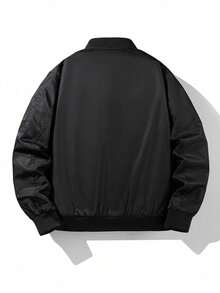 Men's Orange Lining Flight Jacket, Multi-Pocket With Arm Pocket Zipper Ribbed Collar Fashion Casual Outerwear, Suitable For Spring And Autumn Wear - Black - View 5