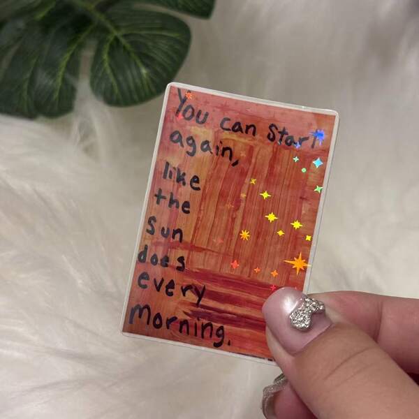 Healing Inspirational Quote Decorative Sticker, "Sunrise Restarts Life" Warm-Toned Oil Painting Style Journal And Tablet Decal, Vinyl Sticker - Durable Matte Surface, Self-Adhesive Bumper Sticker, Suitable For Cars, Windows, Laptops