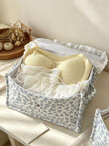 Large Capacity Lace Trim Home Storage Basket With Handle, Foldable Floral And Star Print Sundries Storage Bucket, Cosmetic Organizer, Suitable For Travel/School - Baby Blue - View 7
