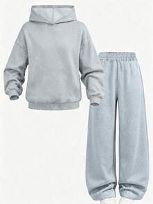 Girls' Casual 2 Pieces Set, Includes Solid Color Hoodie And Wide Leg Pants, Soft And Comfortable, Suitable For Autumn/Winter Wear - Grey - View 2