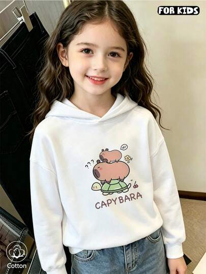 Kids Cartoon Capybara Print Loose Fit Hooded Sweatshirt, Breathable Cotton Long Sleeve Pullover For Daily Wear In Spring & Autumn, Cute Casual Gift