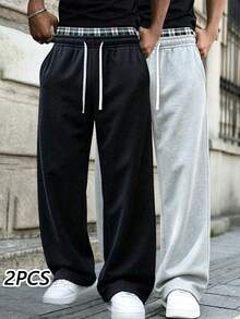 2PCS Men's Basic Solid Color Draped Straight Leg Pants, Elastic Drawstring Loose Casual Sports Long Pants, 2 Pieces Set - Multicolor - View 1